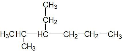 Exemple d'alcane avec substituants, le 3-ethyl-2-méthylhexane