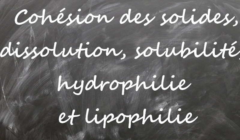 cohésion, dissolution solubilité, hydrophilie, lipophilie, amphiphilie